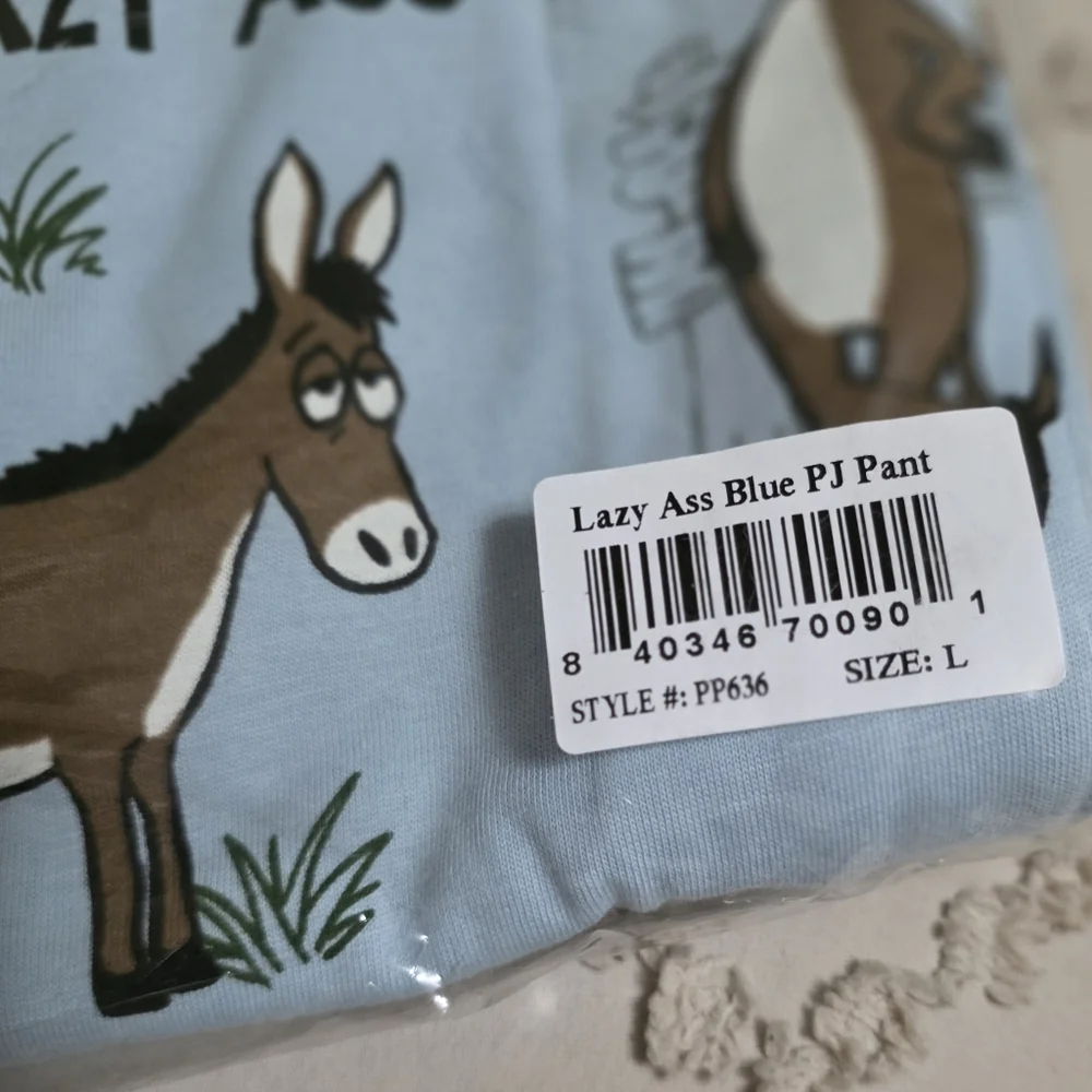 New Unisex Size Large Lazy One Light Blue Lazy Ass Donkey Print Pajama Pants - Picture 4 of 5